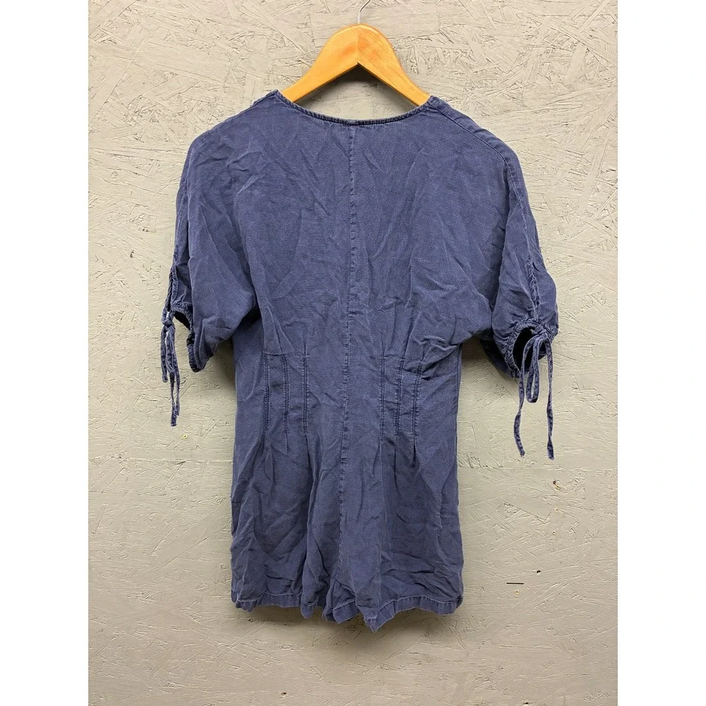 Zara Button Front Romper Womens M Navy Blue Short Sleeve Linen Blend Casual